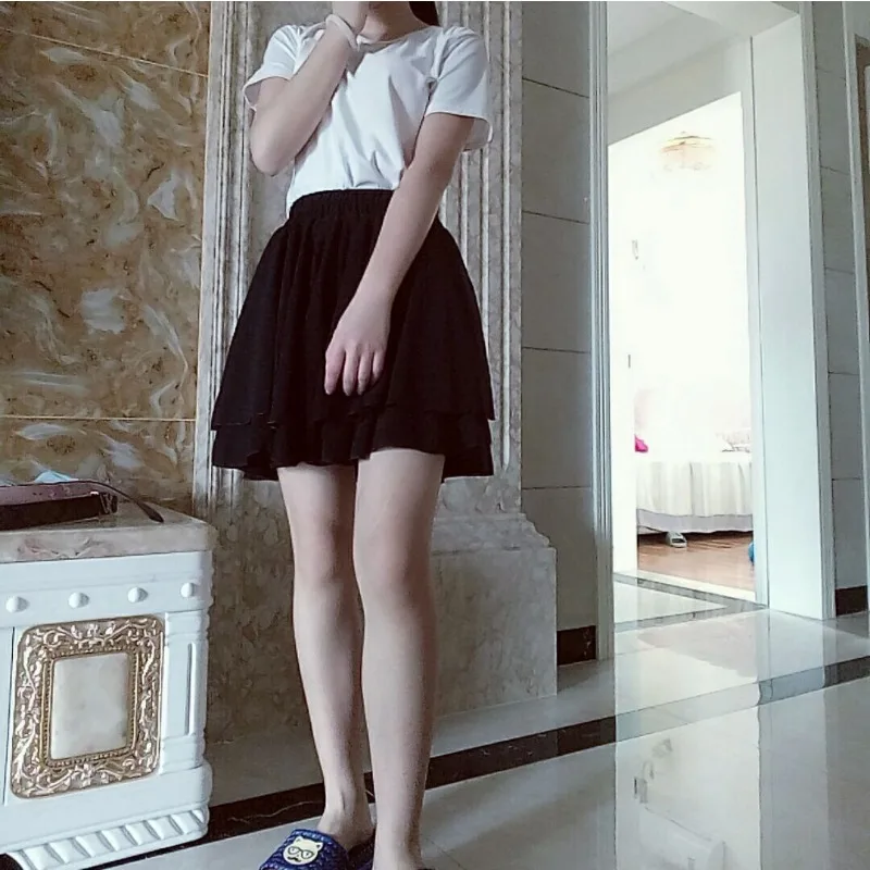 

Летняя женская черная шифоновая плиссированная мини-юбка - повседневная юбка А-силуэта с высокой талией и двойным слоем