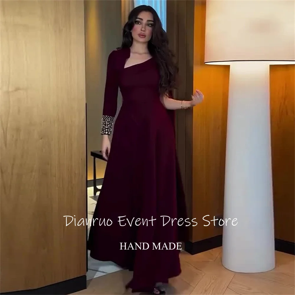 Dianruo mangas assimétricas borgonha vestidos de noite embelezados punhos vestido de baile uma linha vestido de seda de cetim árabe saudita personalizado