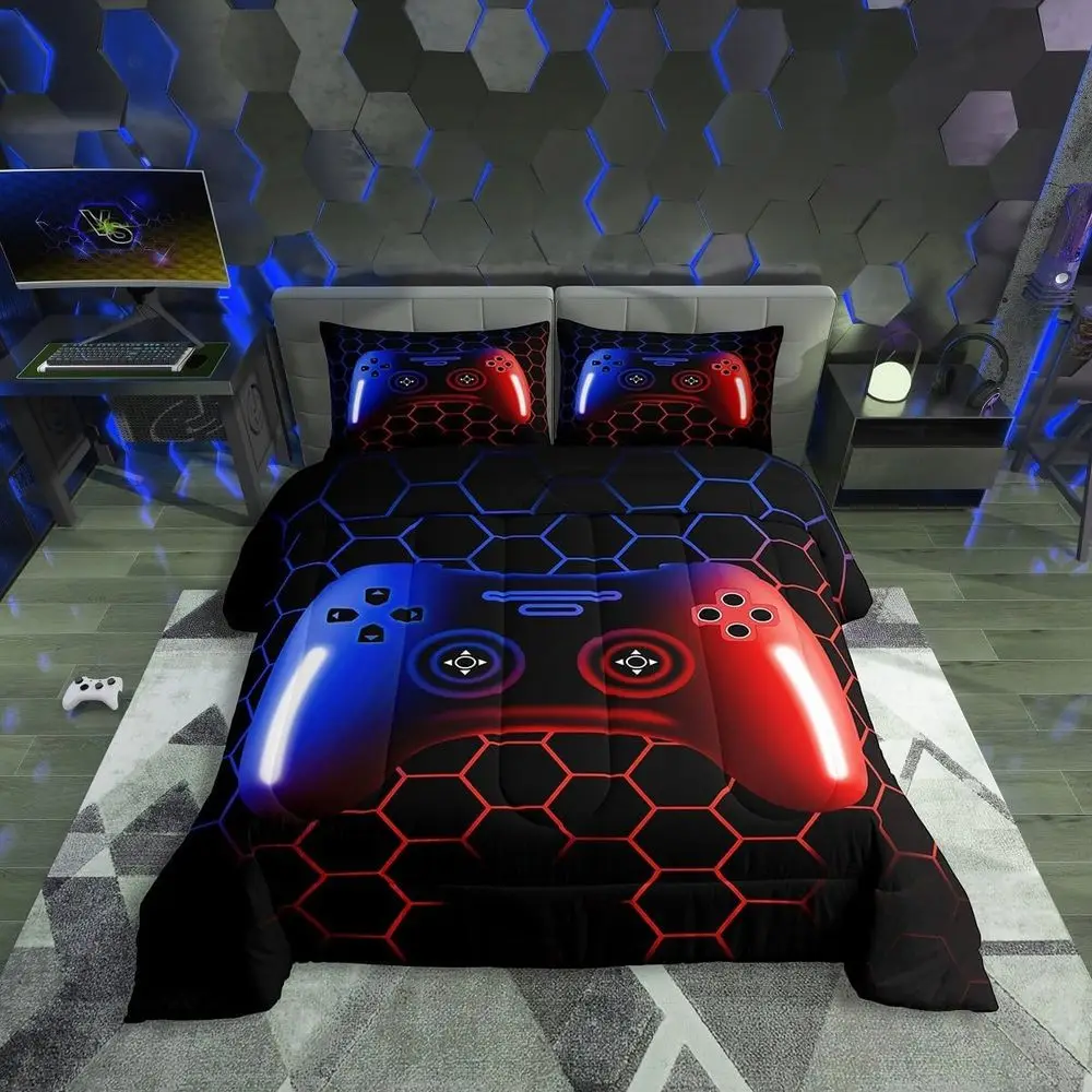 Queen Size Video Game Themed Comforter Set with Game Controller Design - 3 Piece Bedding