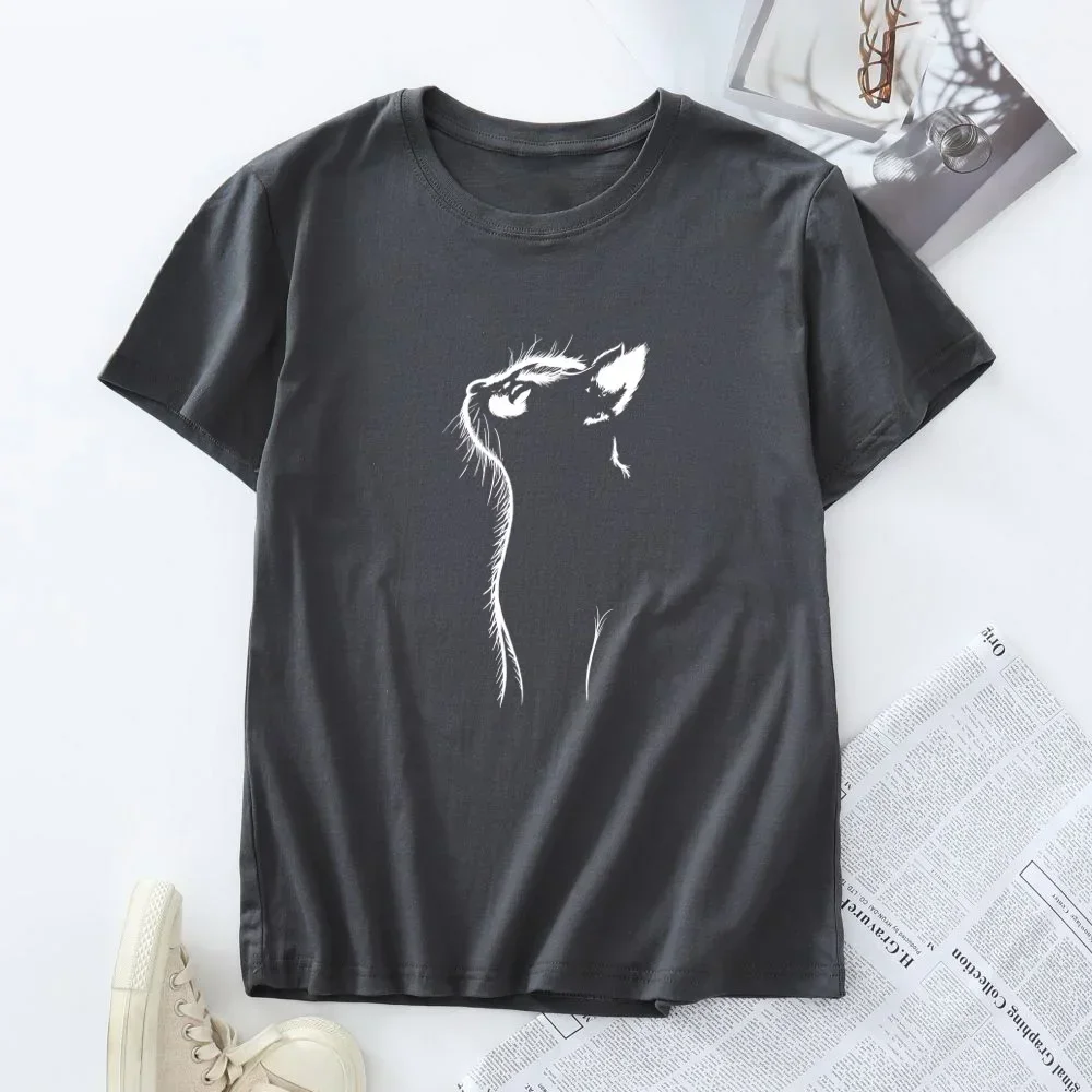 T-shirt de manga curta das mulheres, Plus Size Tees, 100% Algodão, Top feminino, Roupas de Verão, Moda, Gato Camisetas Gráficas, Tshirt Feminino