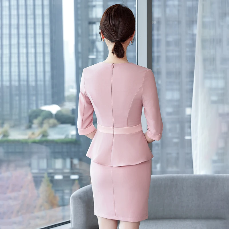 NAVIU Pink Skirt Suits Women New Summer Professional Formal Slim Blazer And Skirt Office Ladies Work Wear uniform Navy Blue