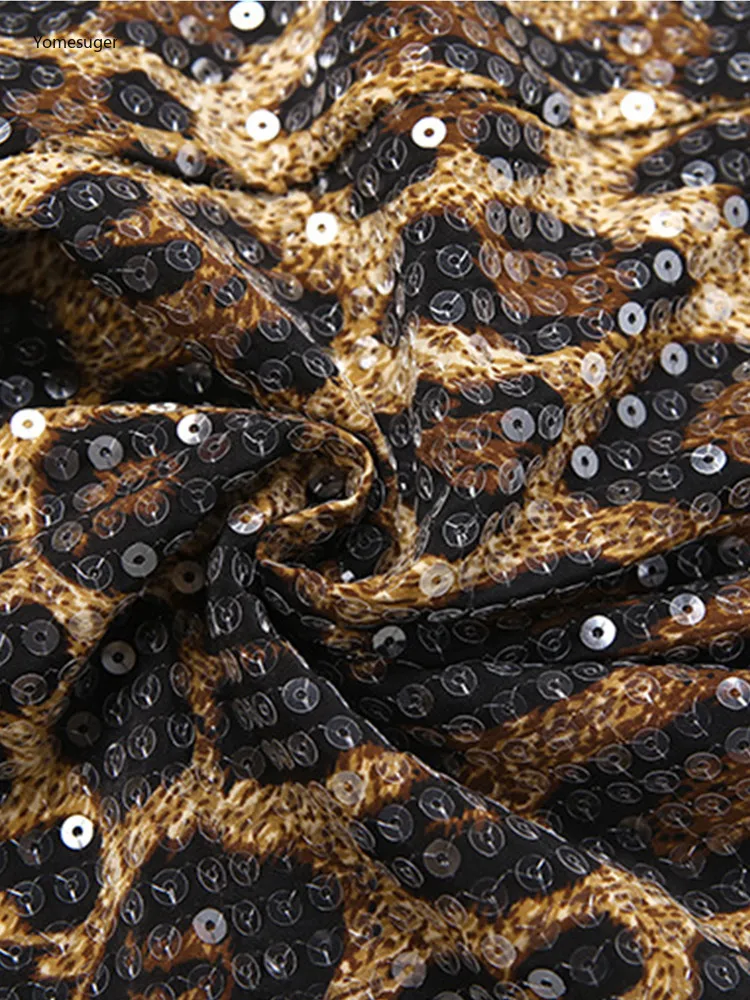 Yomesugar Sequin Leopard Print 2 Piece Set Women Patchwork Asymmetric Strapless Tank Top+Capri Pants Matching Party Club Outfits