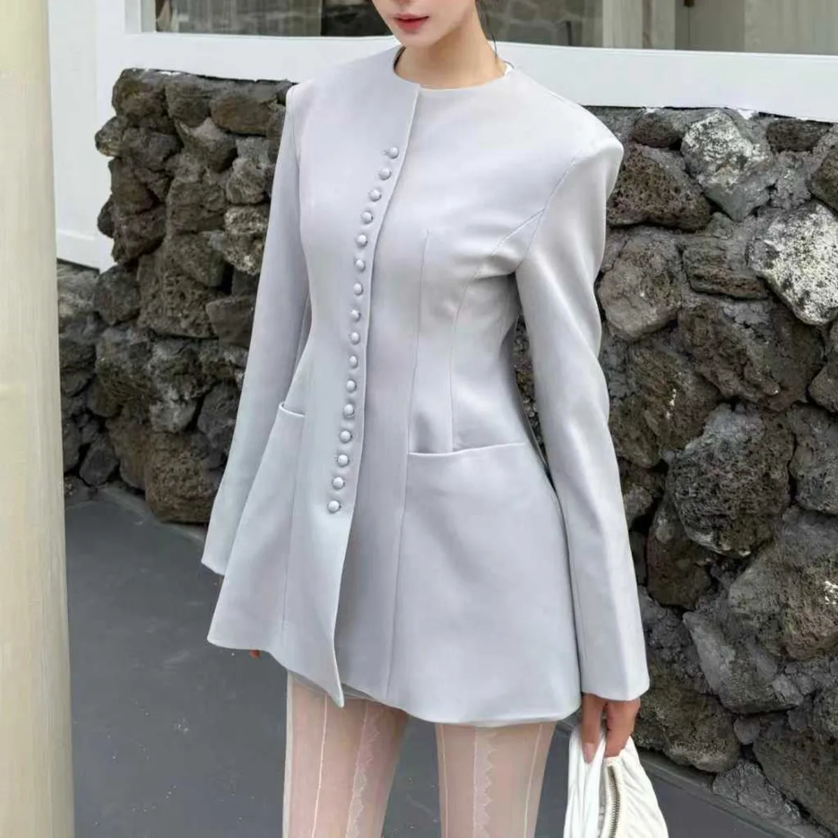 BJTZ Einreiher Designer Oansatz Blazer Jacke Für Frau 2025, Neue Einfarbig Tie-taille 2 Taschen Büro Dame weibliche Outwear