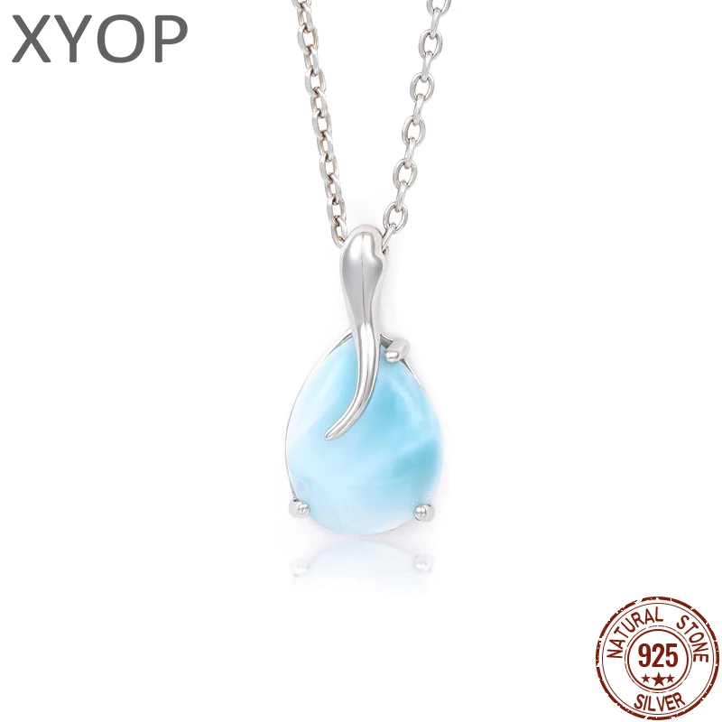 

Plated Gold 925 Sterling Silver Jewelry Gifts Classic Pendant Necklace Natural Precious Larimar Retro Woman Oval Charm