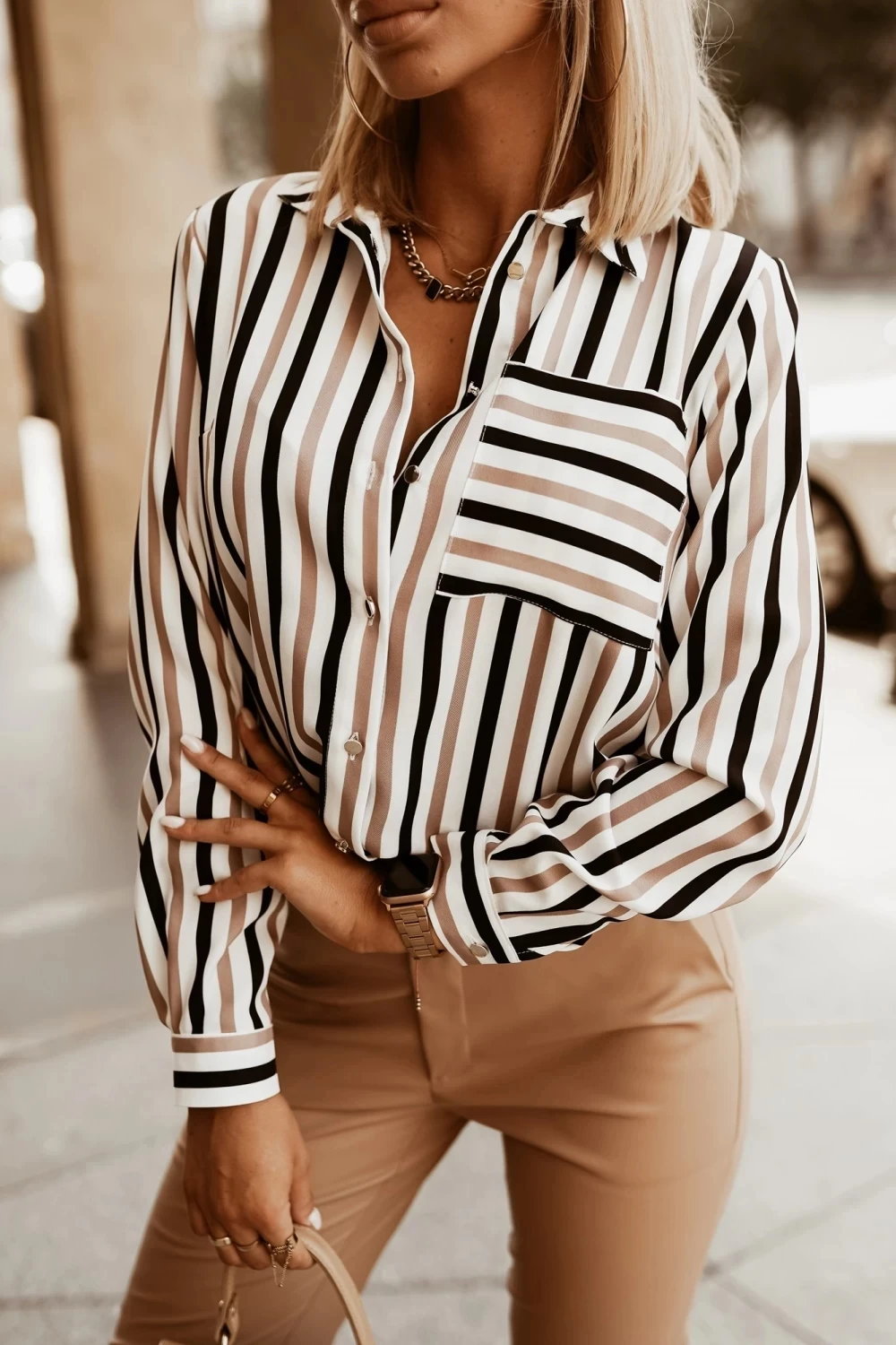 

Women's Long Sleeve Striped Button Down Shirt V Neck Blouse With Chest Pocket For Casual Office Business Wear