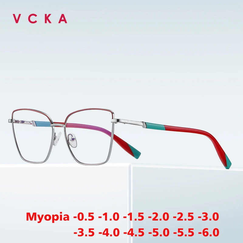 

VCKA Fashion Cat Eye Myopia Glasses Frame Metal Discoloration Women Anti Blue Light Prescription Optics Eyewear -0.50 TO -10