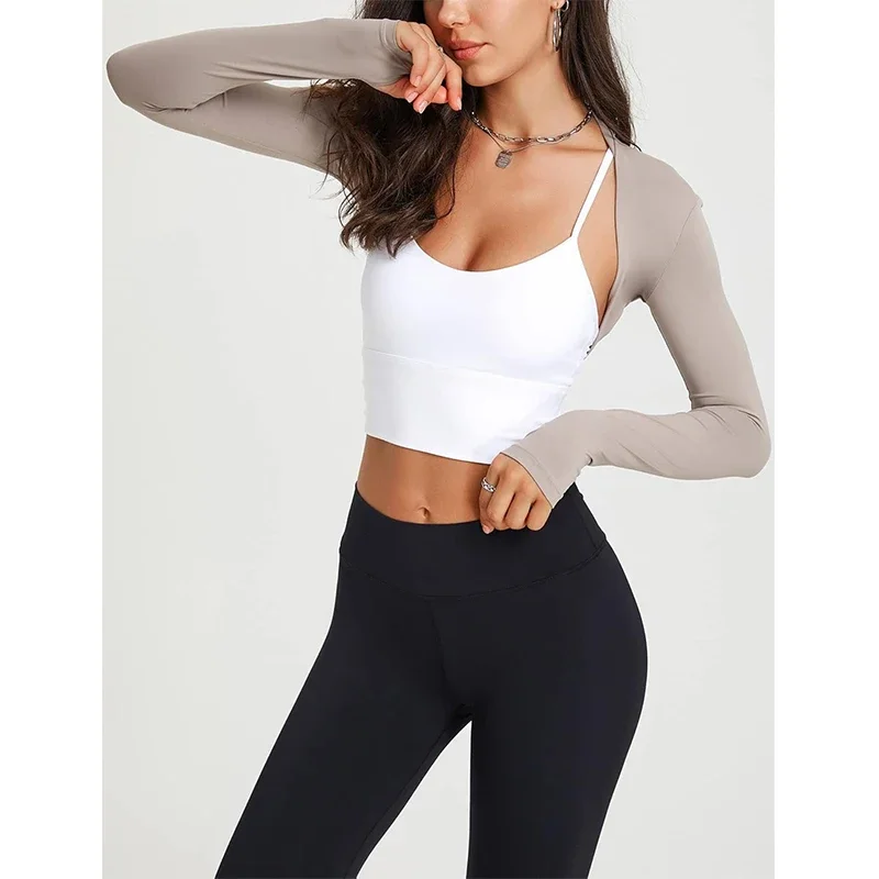 Aiithuug Workout Ballet Shrug Arm Sleeves Women Crop Top Long Sleeve Bolero Open Front Workout Cropped Shirts Sports Shrug