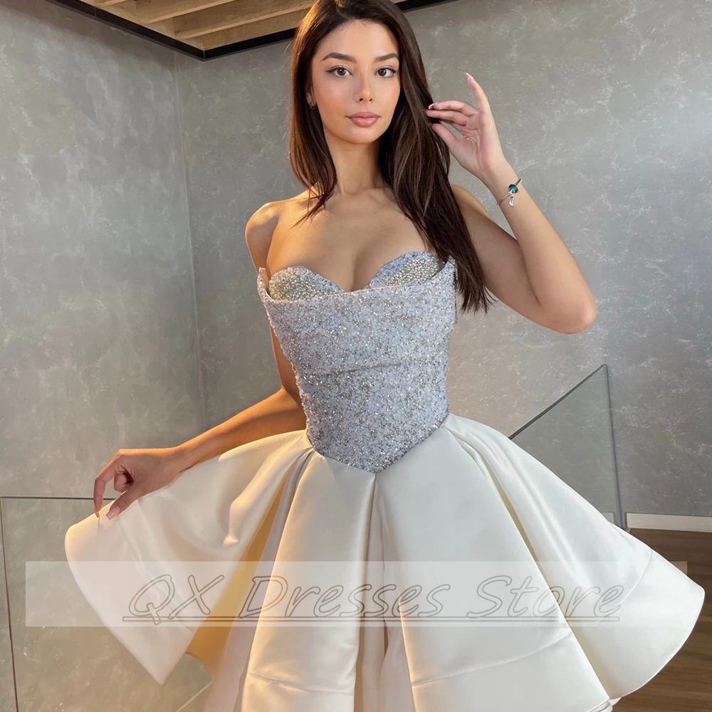 Customized 2022 New Ivory Sequin Cocktail Dress Shinny Strapless A-Line PLEAT Satin Mini Prom Formal Evening Gown Robes De Soir