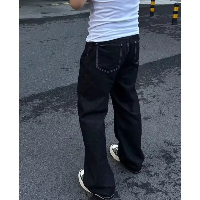Men Vintage Raw Wash Denim Pants Loose Straight Leg Dark Blue High Street Casual Trousers
