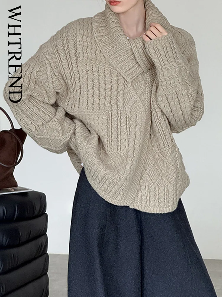 

WHTREND Дизайнерский свитер с отложным воротником, мягкий толстый свободный шерстяной трикотаж, пуловер цвета хаки, теплая осень-зима, новинка WH175