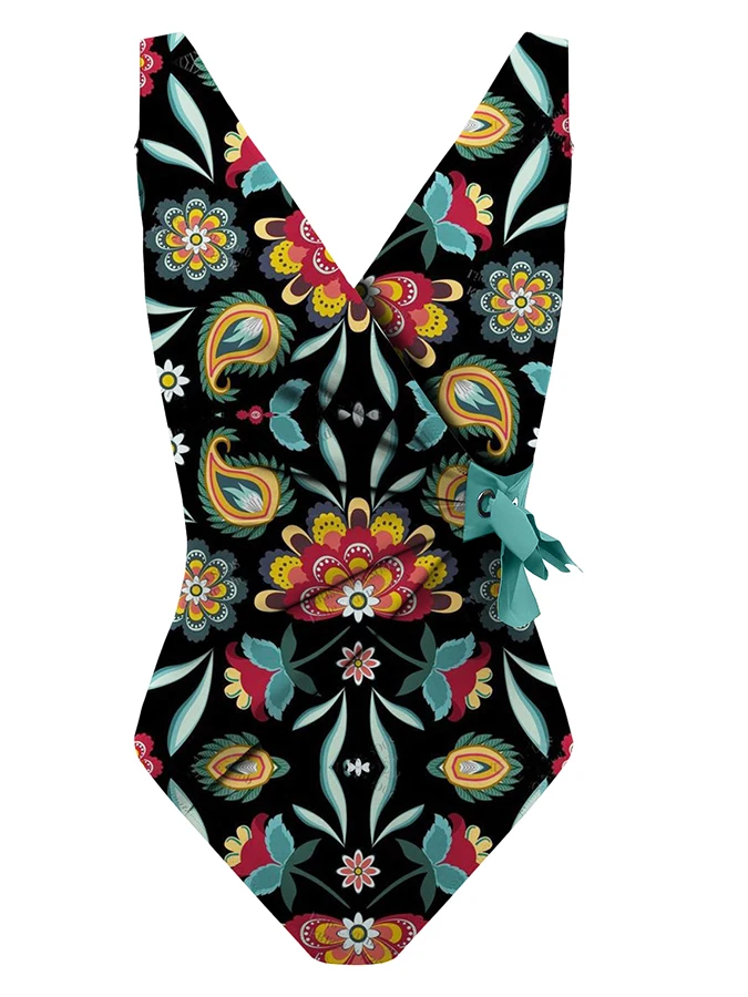 Print Collar Wrap Fashion One Piece Swimsuit Designer Bathing Suit Summer Surf Wear Female Retro Swimsuit