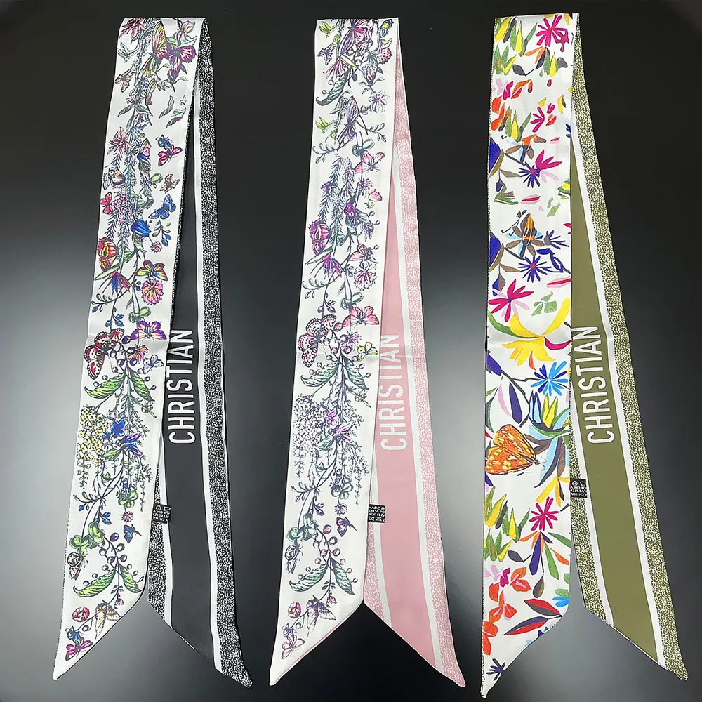 

Fashionable Spring New Style Women's Scarf Turban Floral Plant Design Silk Ribbon Versatile Neck Warmer Korean Style Polyeste...