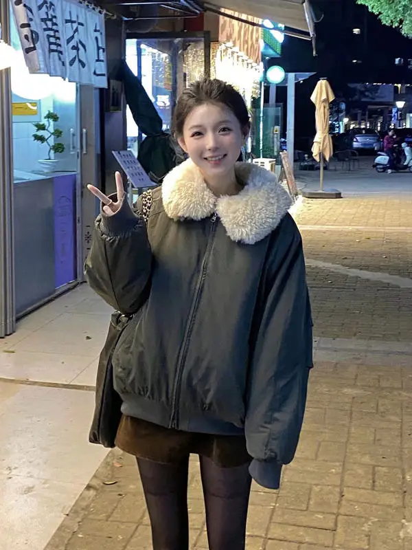 

Korean Style Loose Cotton Jacket Retro Fashionable Turn-down Collar Outerwear for Small Figures Stylish Winter Coat