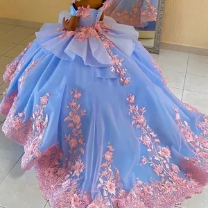 Blaues luxuriöses Blumenkleid für Hochzeit, Prinzessin -Ball -Kleider für Babys, Spitzenapplikationen, Außenschulter, V -Neckline, Erstkommunionskleid 10 Hauptverkaufskleiderbraut Tante - №10