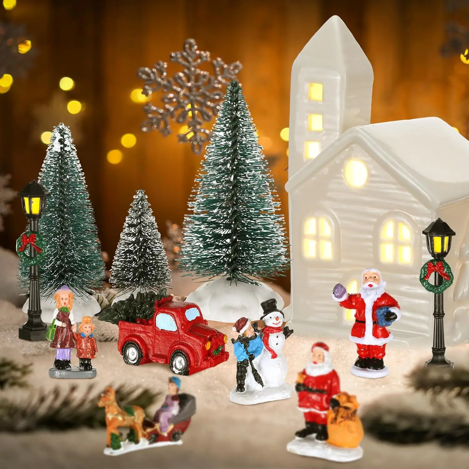 Juego de pueblo navideño LED de 25 piezas con casas de cerámica, figuritas de resina para decoración festiva