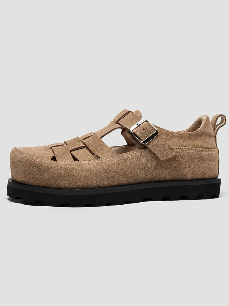 Vintage Mens Summer Thick Platform Gladiator Shoes Fashion New Close Toe Weave Hollow Out Buckle Strap Genuine Leather Sandals