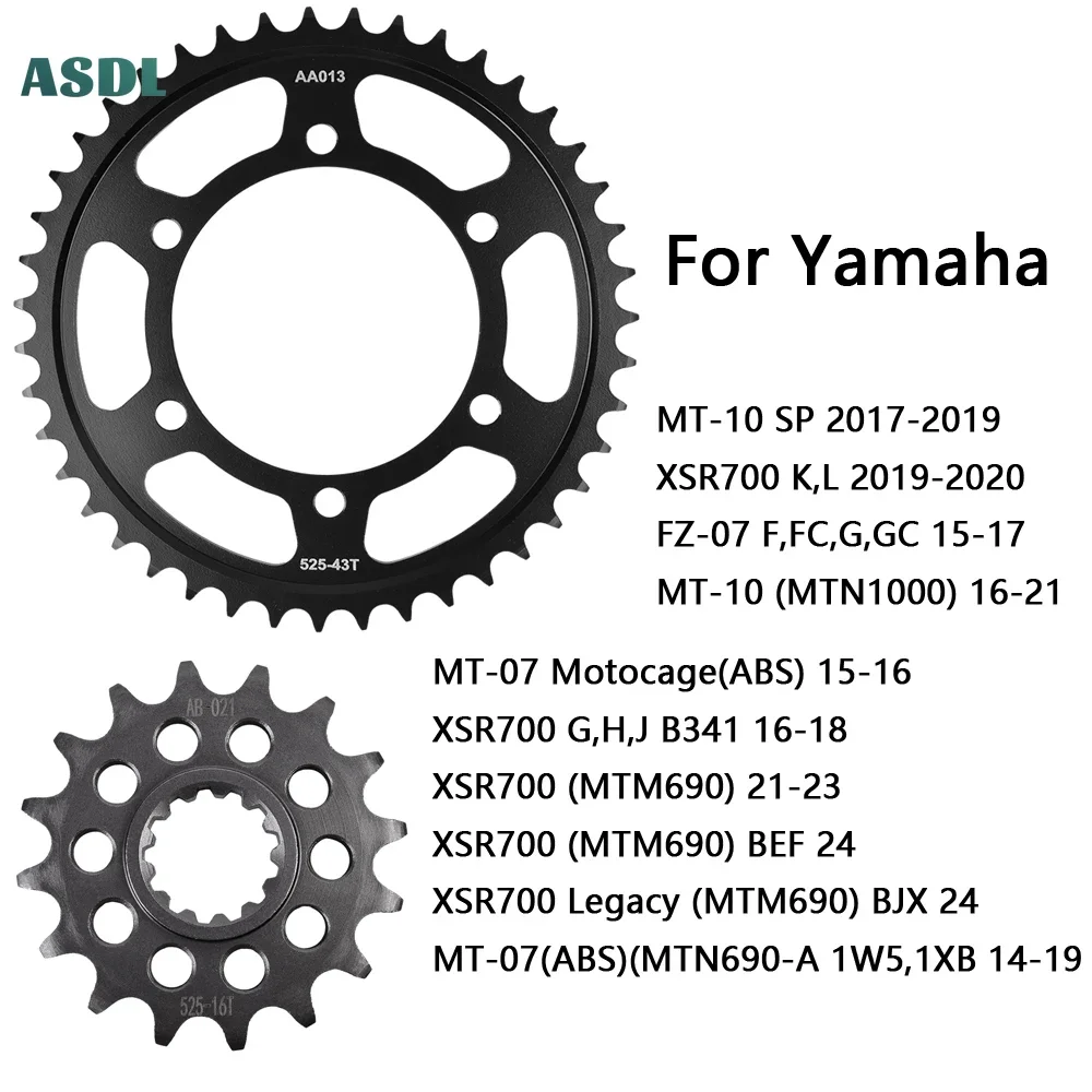 525 43T 16T Motorcycle Front Rear Sprocket for Yamaha FZ-07 MT-07 MTN690 1000 XSR700 MTM690 2021-2024 MT-10 16-21 MT-10 SP 17-19