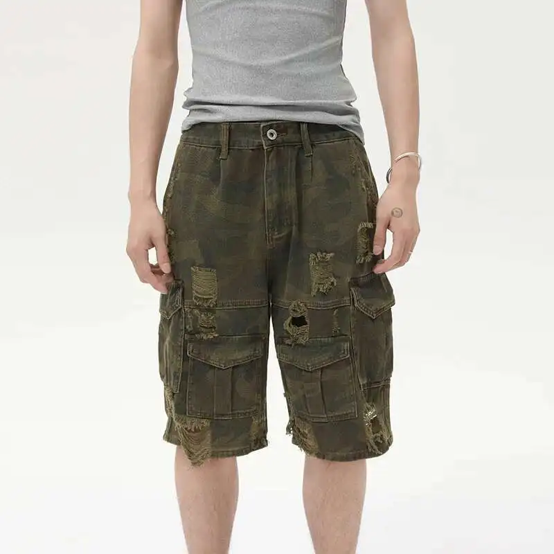 

Wear High Men's Street Camouflage Short Pants Men's Loose Pockets Worn-out Frayed Distressed Cargo Shorts Summer HHS8