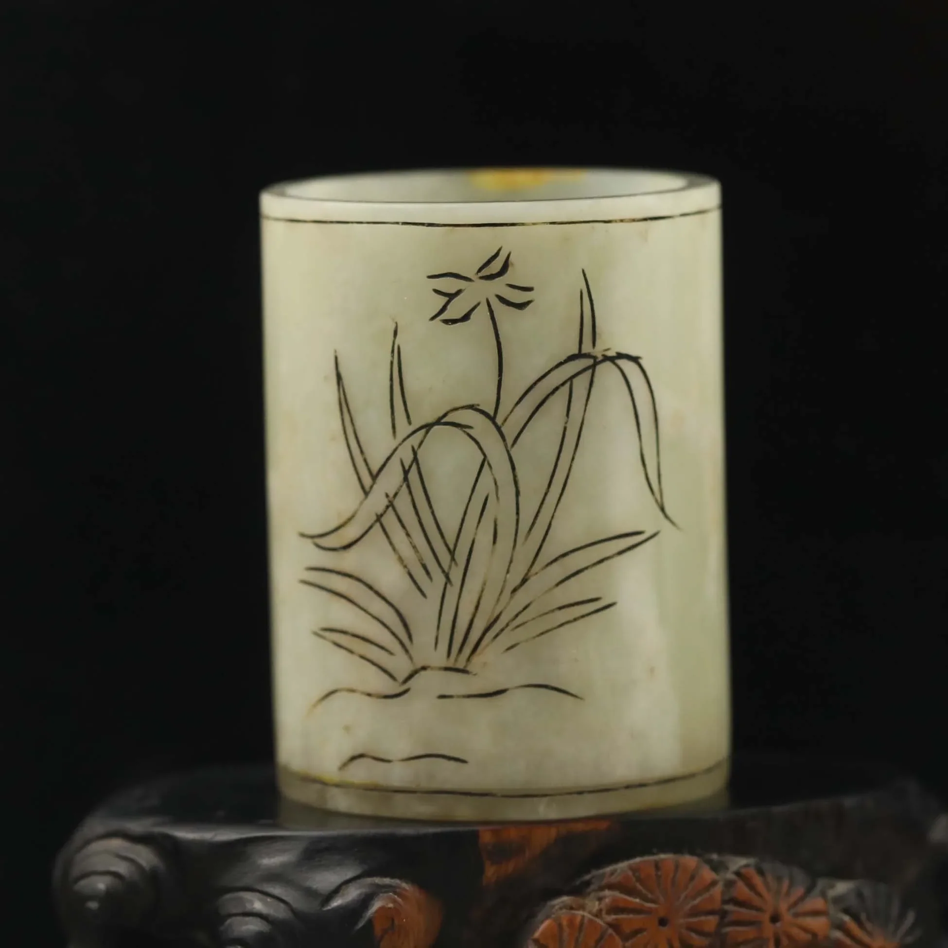 

Old China Natural hetian Jade Hand Carved statue flower cup tea bowl #35