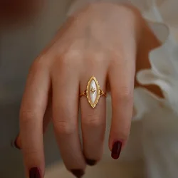 Light Luxury Design Sense Ancient Gold Craft Court style horse-eye pointed White Fritillaria rings for women Vintage Jewelry