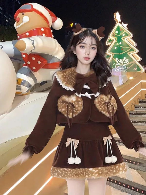 

Japanese Lolita 2-piece Set Sweet Bow Splicing Top Hairball Mini-skirt Set Winter Kawaii Forest Style Womens Cute Clothing Girl