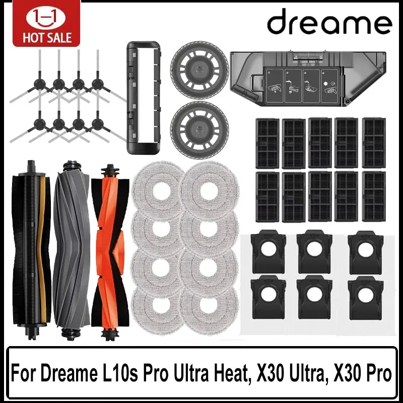 Dreame L10s Pro Ultra Heat، X30 Ultra، X30 Pro ملحقات المكنسة الكهربائية البديلة للفرشاة الجانبية الرئيسية وممسحة كيس الغبار