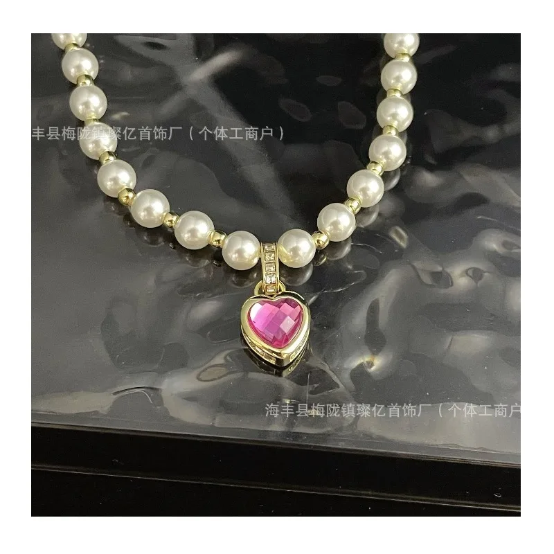 

Shijia Love Necklace Pink Imitation Crystal Pearl Bracelet Earrings Set Niche Exquisite Jewelry