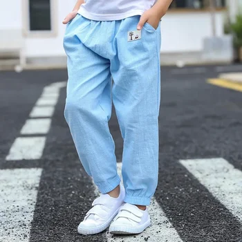 Kids' Cotton-Linen Trousers | Elastic-Waist Straight-Leg Pants 100-160cm 6 Children Trousers For Boys Girls Cotton Linen Elastic Waist Solid Color Summer Mosquito Pants Kids Clothing Long Pants 100-160cm 6