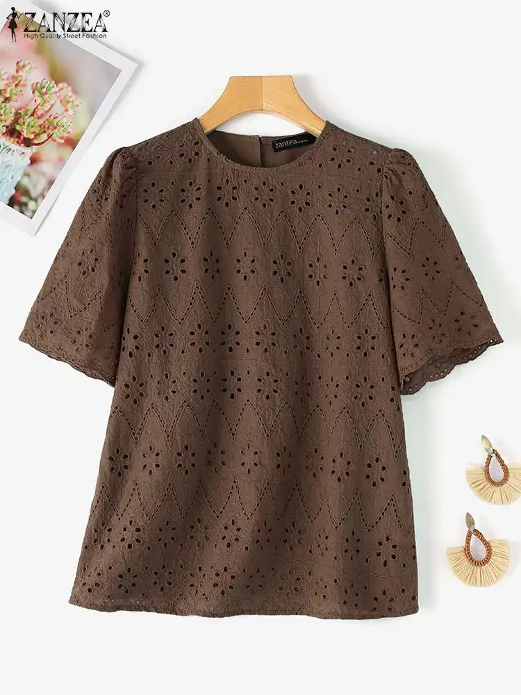 2024 ZANZEA Summer Elegant Lace Crochet Blouse Women Fashion O Neck Short Sleeve Tops Casual Holiday Work Shirt Female Blusas