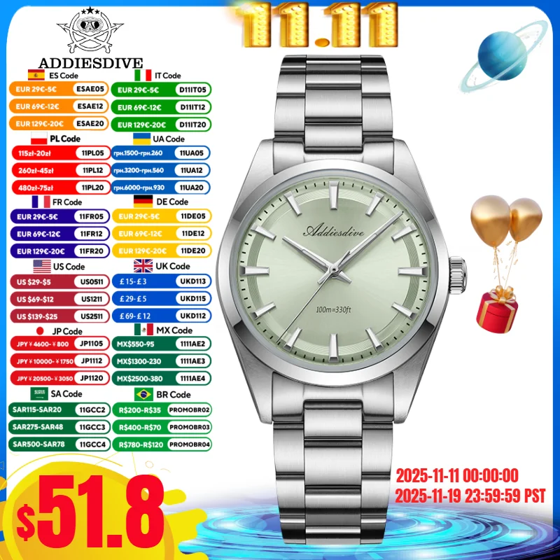 ADDIESDIVE 36mm AD2066 Men Watch BGW9 Luminou Bubble Mirror Glass 316L Stainless Steel Reloj Hombre 100m Waterproof Quartz Watch