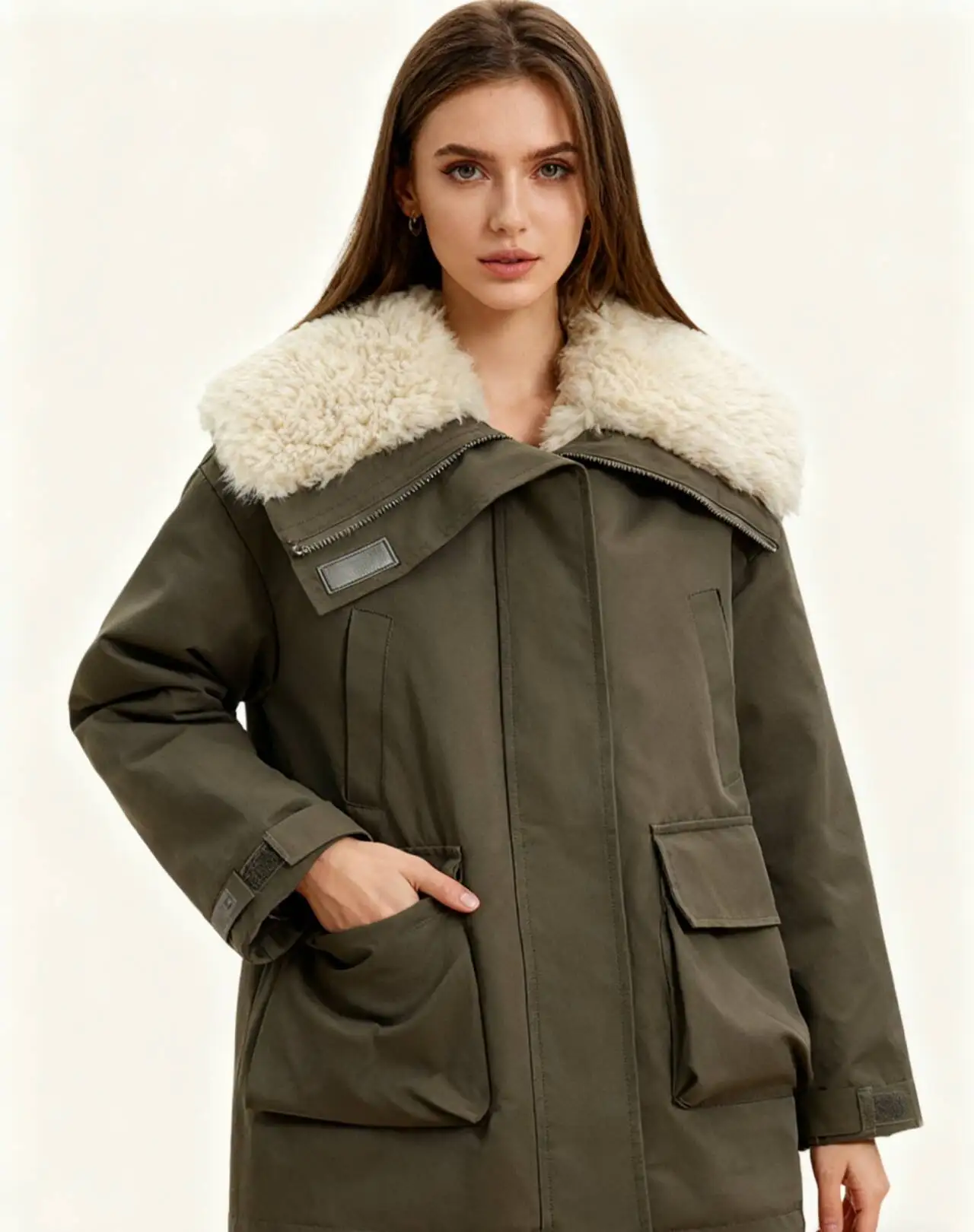 Parkas Womens Longues Autumn Blended Flannel Cropped Asymmetric Fitted Lace-Up Waist-Cinching Tied Pleated O-Neck Slimming Solid