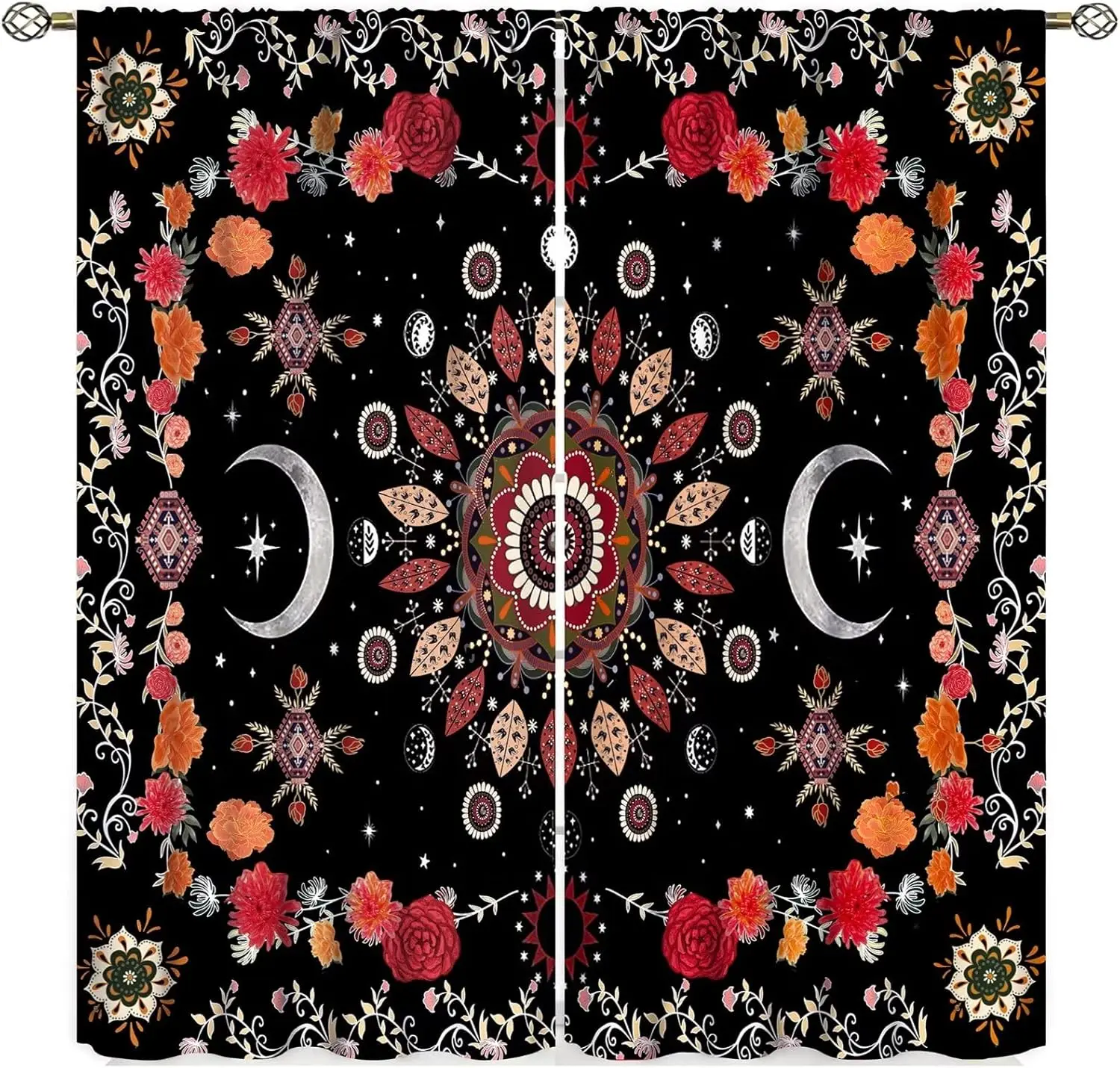 Boho Moon Phase Floral Curtains Red Black Mandala Bohemian Floral Gothic Moonlit Aesthetic 2 Panels Window Treatment Set for