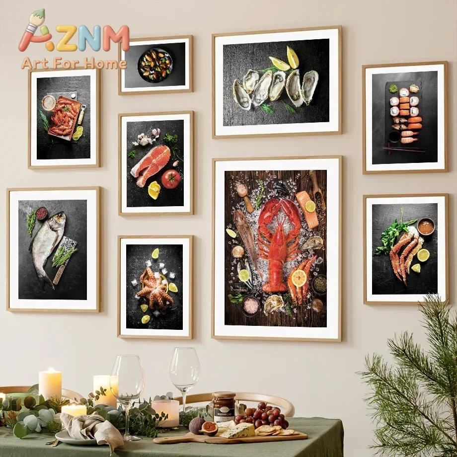 Multi-size 1PC frameless high-definition decorative paintings,Lobster Fish Oyster Salmon Sushi Seafood Cooking Wall Art Canvas P