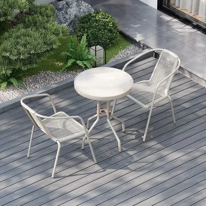 Outdoor Balcony Folding Coffee Table with 2 Chairs White Glass Small Tea Table Set for Courtyard Casual Dining
