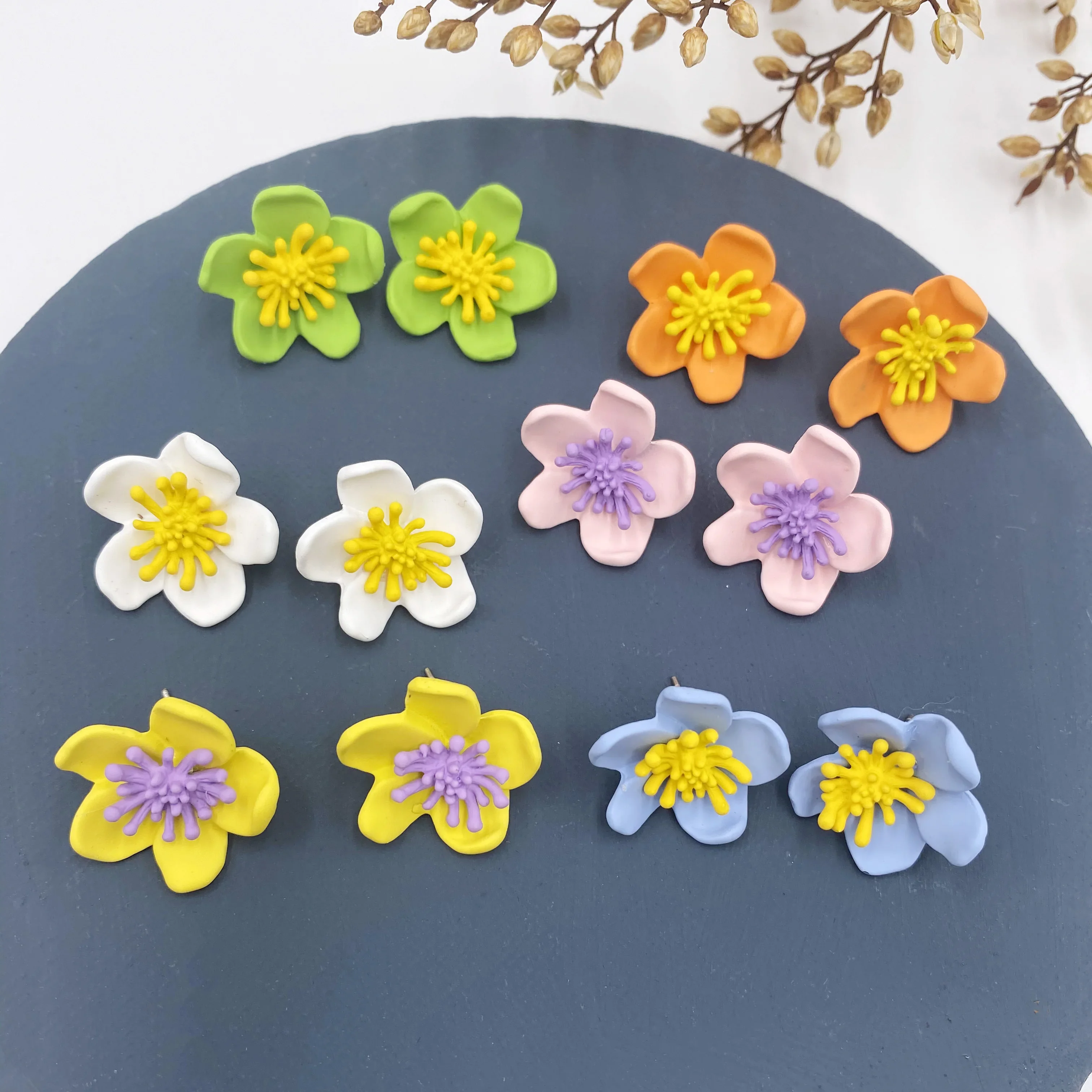 2024 Summer New Candy Color Flower Pendients Earrings for Women Korean Cute Colorful Floral Stud Earrings Statement Jewelry