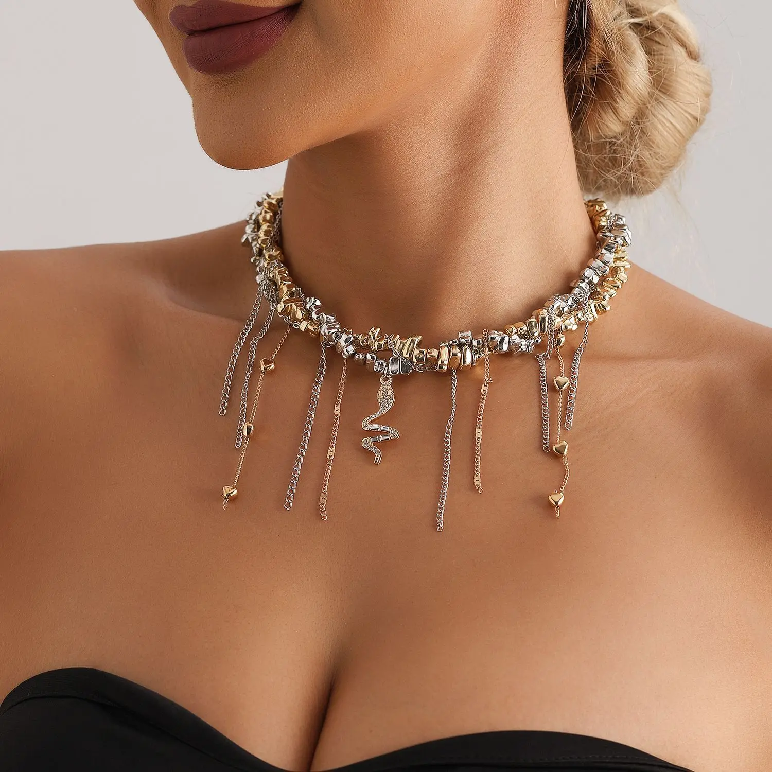 

Handmade Beaded Heart Tassel Snake Pendant Clavicle Chain Nelace Gold And Silver Mixed Faion Jewelry Collarbone Accory