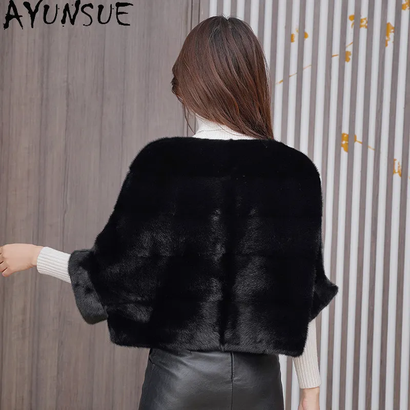 معاطف فرو المنك الطبيعي من AYUNSUE للنساء، ملابس فاخرة قصيرة للشتاء، معطف فرو أسود على الطراز الكوري، ملابس نسائية