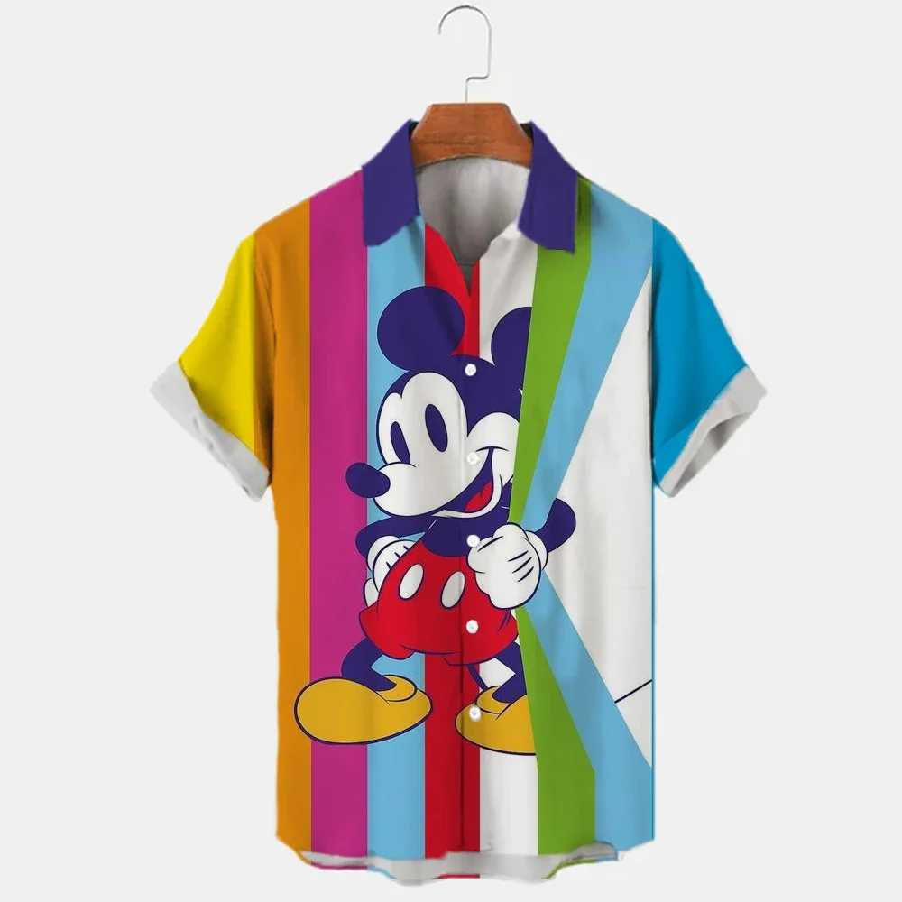 2023 Summer Casual Button Down Shirt Holiday Short Sleeve Disney Mickey Mouse 3D Full Print Beach Fashion Men\'s Lapel Color Hip