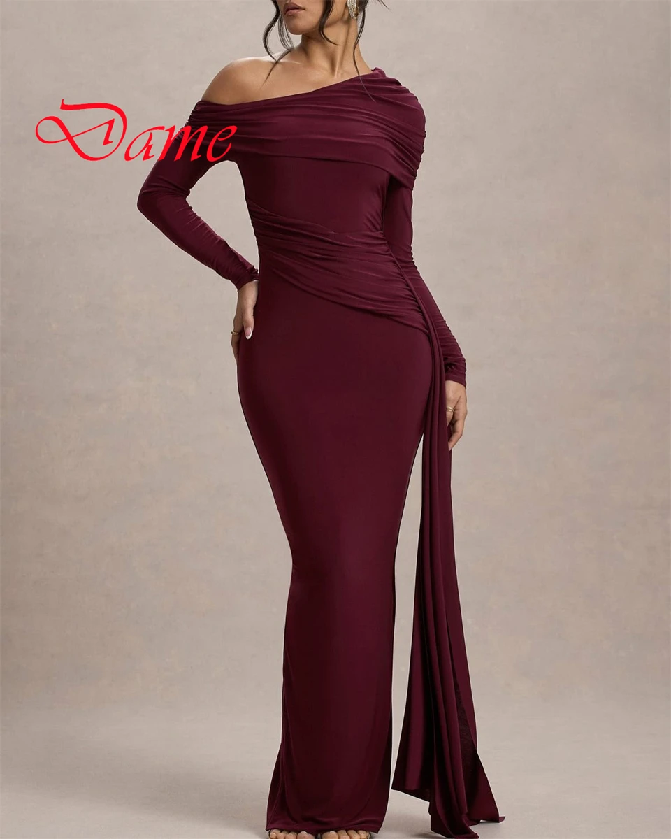 Customized Exquisite Burgundy Jersey Evening Dress Classic Strapless Off the Shoulder Long Sleeves  Mermaid Cocktail Dress