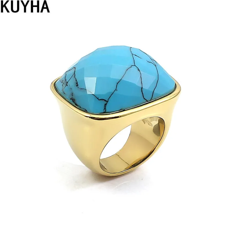 Stainless Steel Natural Stone Light Blue Turquoise Square Big Rings Women Bohemian Stylish Chunky Jewelry