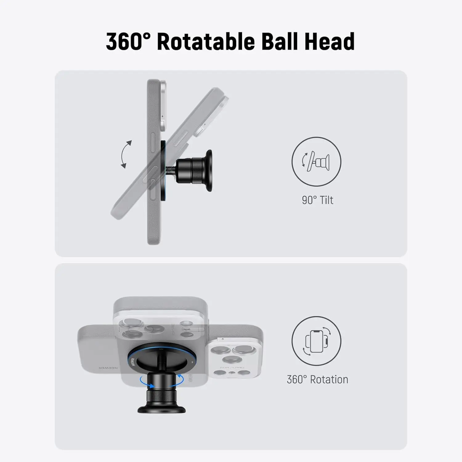 NEEWER Support de trépied de téléphone magnétique 360 °   Support adaptateur de tête sphérique pour support de téléphone pour chariot de golf MagSafe iPhone Gym