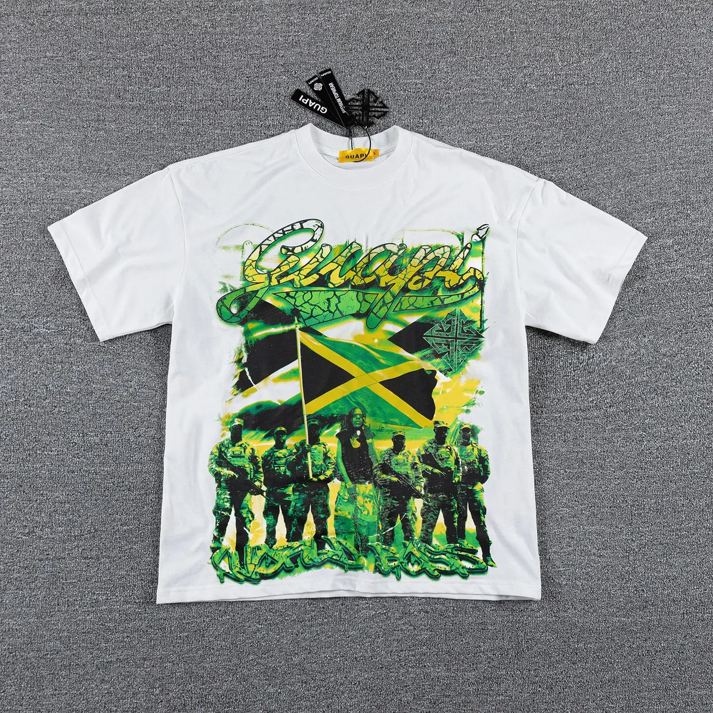 Guapi Retro Jamaican Portrait Short-Sleeve T-Shirt in Green Tone with Retro Double-Sided Heavy Washed Fabric