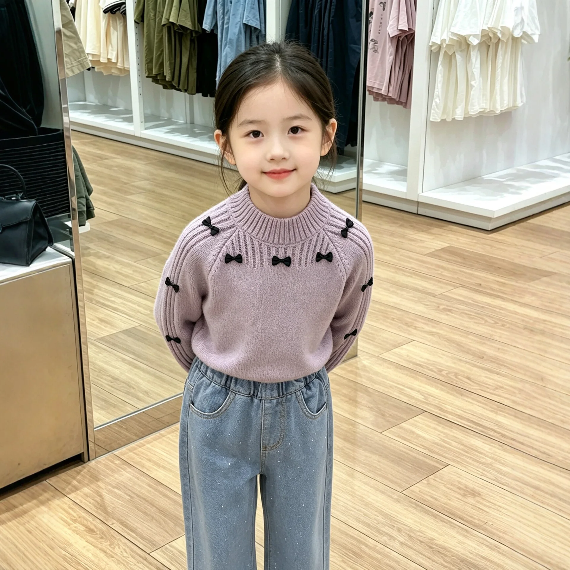 Fashion Girls Solid Color Sweaters Cute Bow Children Clothing Autumn Winter Teenagers Sweet Princess Knitted Sweater 1-13Years