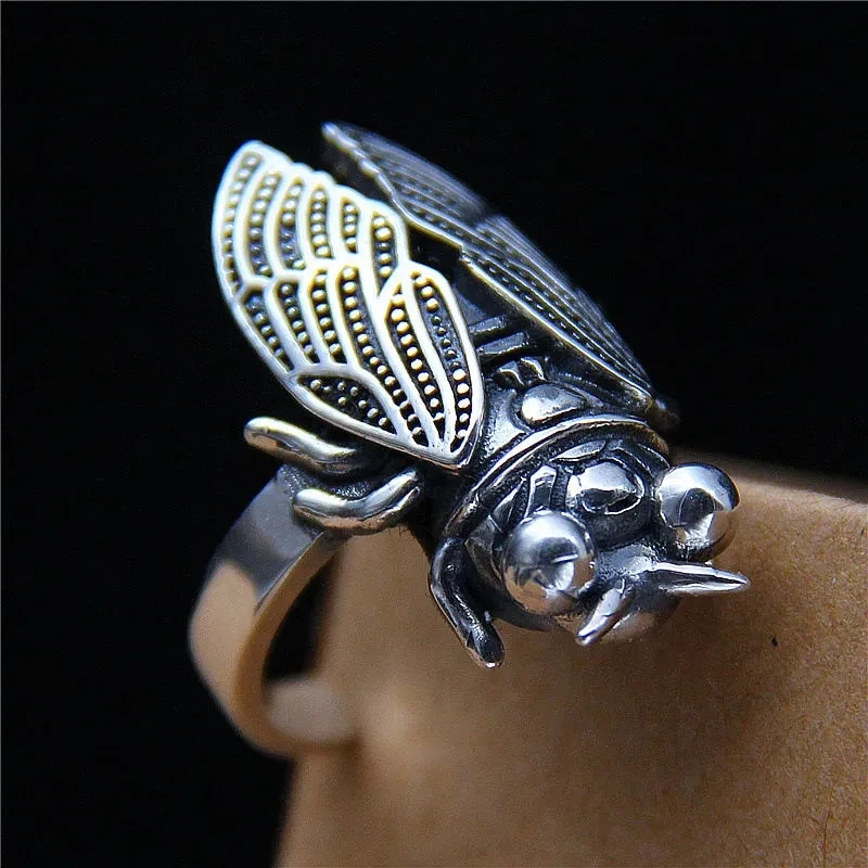 Retro Silver Color One Leaf Zhi Qiu Zhi Cicada Ring Opening Style Men's and Women's Ring Essential for Summer