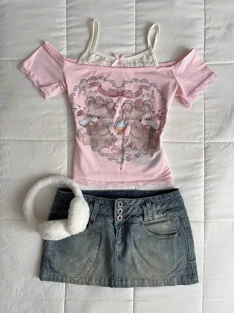 Summer Sweet Bear Graphic Print Fake Two Piece Tops Women Y2k Cute Lace Off Shoulder T-shirt Spice Girl Fashion Sexy Tank Tops
