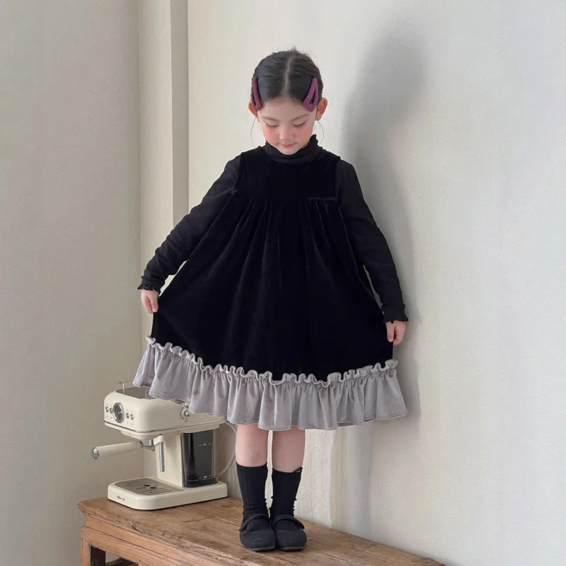 

Girls' Velvet Dress Autumn Winter Color Block Sleeveless Vest Dress New Year Outfit Fleece Princess Dress Set