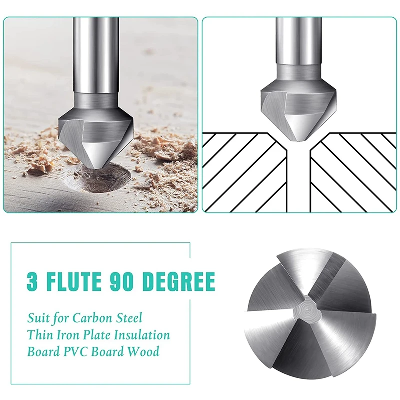 

Countersink Drill Bit Set For Metal, 6Pcs HSS 3 Flute 90 Degree Chamfering Tool Bit Chamfer Countersink End Mill Cutter