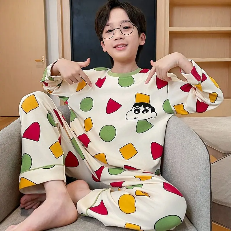 Anime Crayon Shin-Chan Boys Children Plush Pajamas Set 2Pcs Cartoon Autumn Winter Pullover Pants Anime Japanese Velvet Homewear
