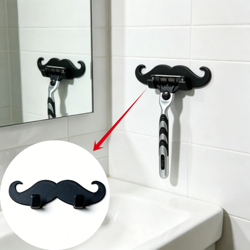 3D‑Printed Beard‑Shaped Razor Holder, No‑Drill Wall‑Mounted Shaving Stand, Retro Mustache Design, Creative Bathroom Storage Hook