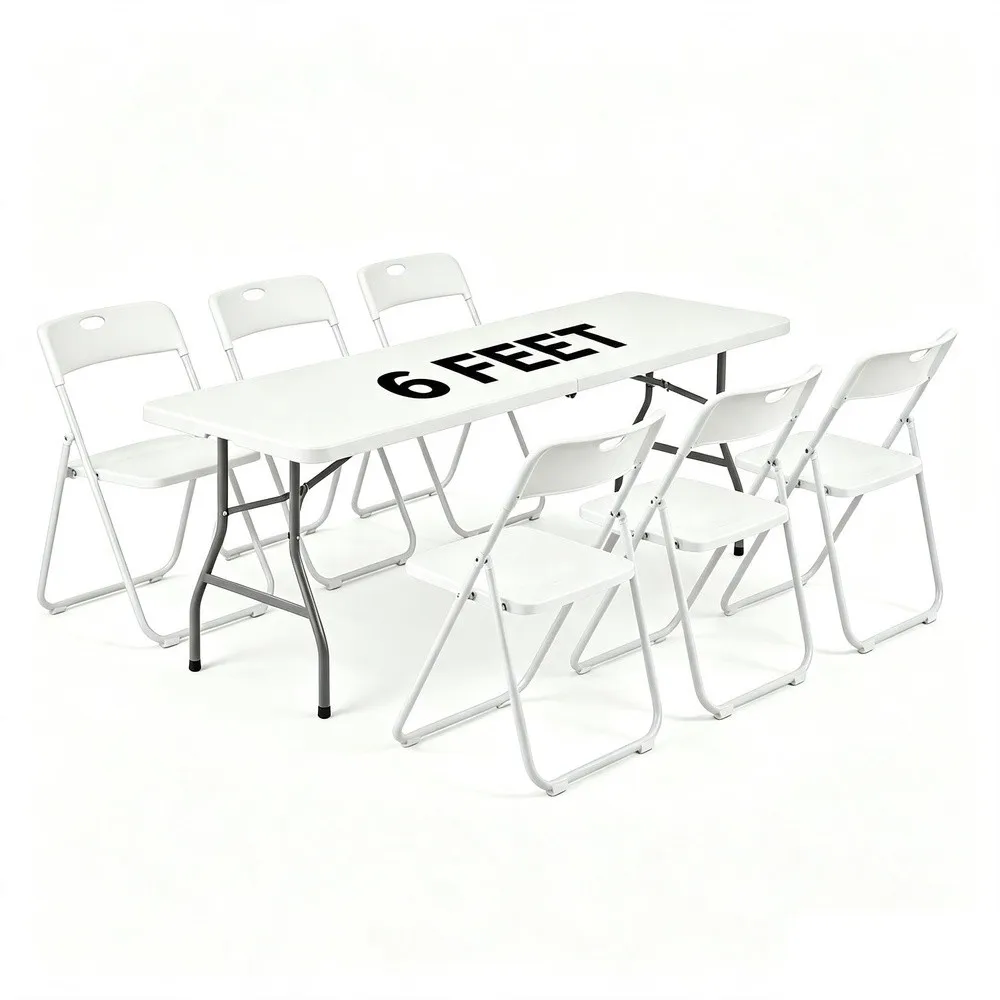 6 FT Foldable Table Set with 6 White Plastic Folding Chairs for 6